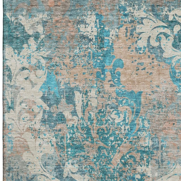 HomeRoots 5' Teal, Beige & Taupe Damask Washable Area Rug - Durable, UV-Protected for High-Traffic Spaces! 674379