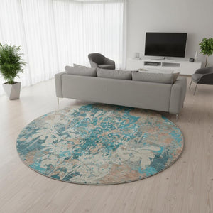 HomeRoots 8' Elegant Teal Beige Taupe Damask Round Rug - Washable, UV Protected, Stain Resistant, Durable Design 674380