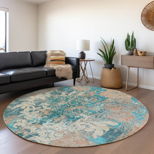 HomeRoots 8' Elegant Teal Beige Taupe Damask Round Rug - Washable, UV Protected, Stain Resistant, Durable Design 674380