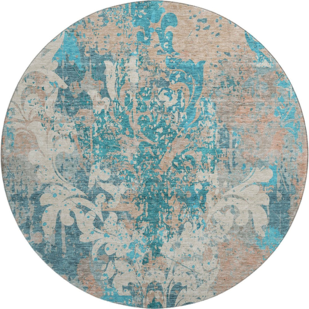 HomeRoots 8' Elegant Teal Beige Taupe Damask Round Rug - Washable, UV Protected, Stain Resistant, Durable Design 674380