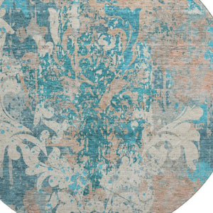 HomeRoots 8' Elegant Teal Beige Taupe Damask Round Rug - Washable, UV Protected, Stain Resistant, Durable Design 674380