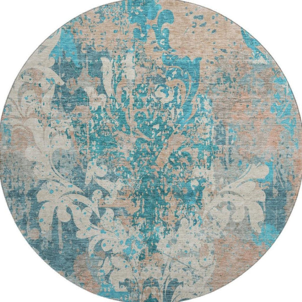 HomeRoots 8' Elegant Teal Beige Taupe Damask Round Rug - Washable, UV Protected, Stain Resistant, Durable Design 674380
