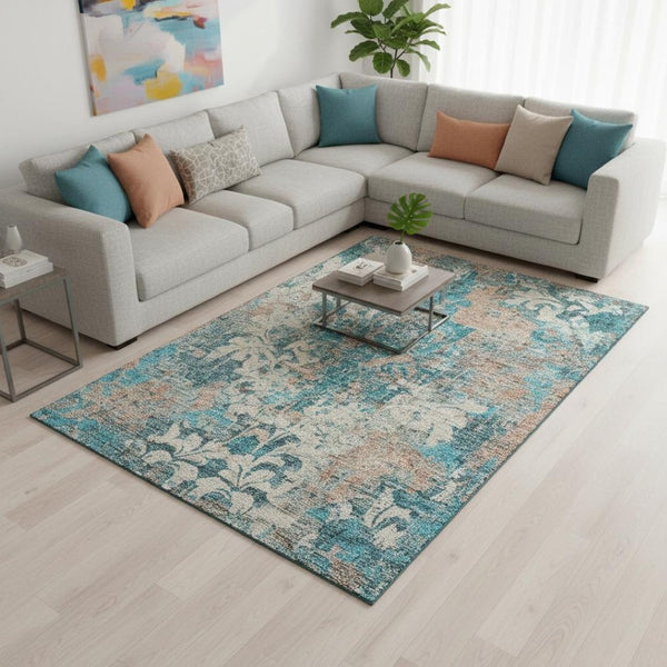 HomeRoots 8' X 10' Stylish Teal Beige Taupe Damask Area Rug - Durable, Washable, UV Protected for Family Life 674381