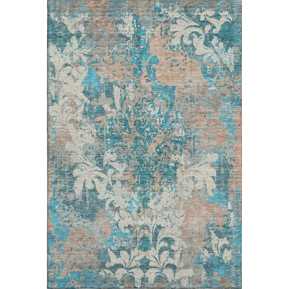 HomeRoots 8' X 10' Stylish Teal Beige Taupe Damask Area Rug - Durable, Washable, UV Protected for Family Life 674381