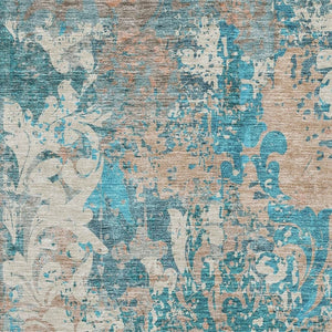 HomeRoots 8' X 10' Stylish Teal Beige Taupe Damask Area Rug - Durable, Washable, UV Protected for Family Life 674381