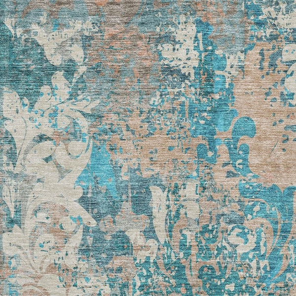 HomeRoots 8' X 10' Stylish Teal Beige Taupe Damask Area Rug - Durable, Washable, UV Protected for Family Life 674381