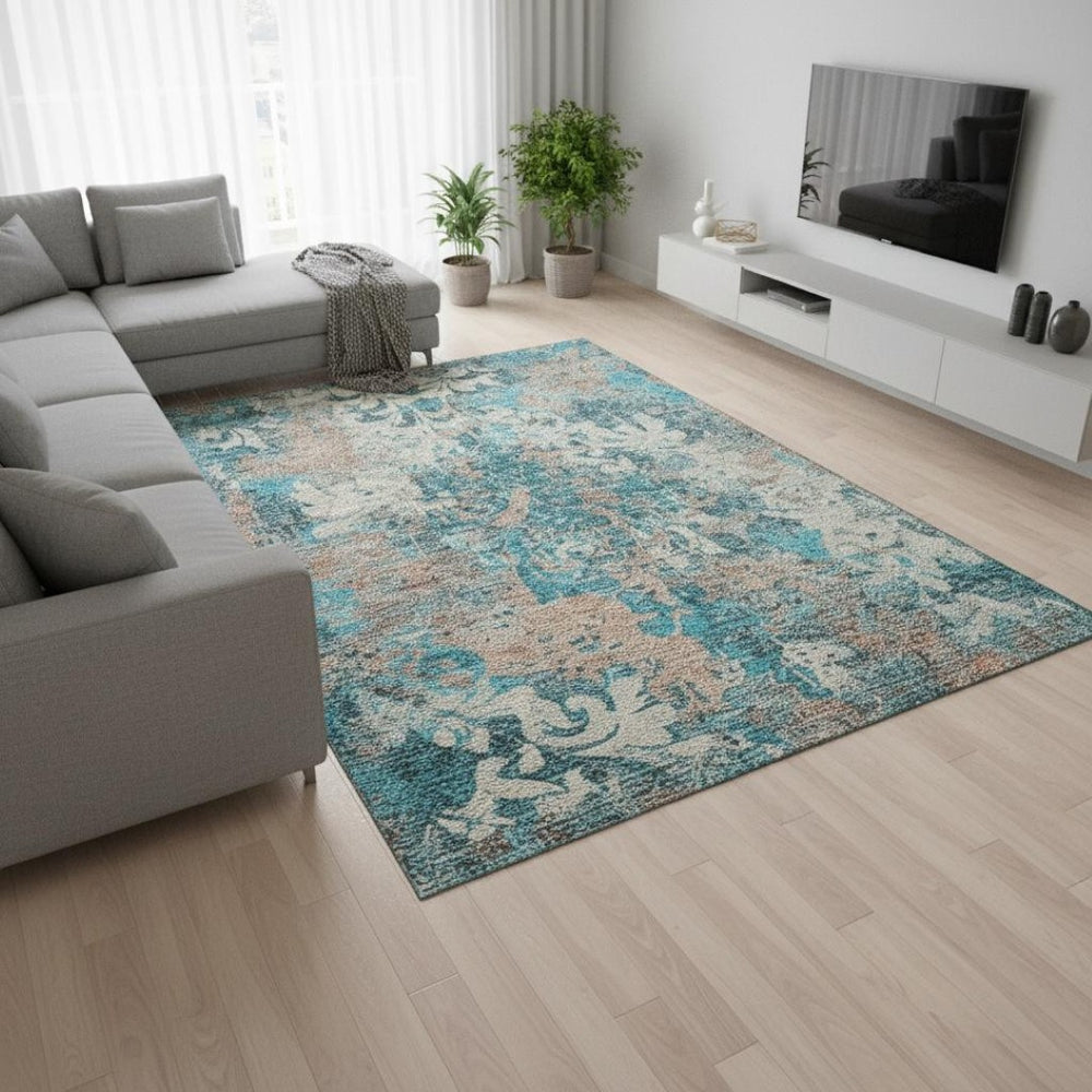 HomeRoots 9' X 12' Teal Beige Taupe Damask Area Rug – Washable, UV Protected, Durable for All Spaces! 674382