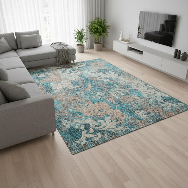HomeRoots 9' X 12' Teal Beige Taupe Damask Area Rug – Washable, UV Protected, Durable for All Spaces! 674382