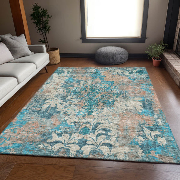 HomeRoots 9' X 12' Teal Beige Taupe Damask Area Rug – Washable, UV Protected, Durable for All Spaces! 674382