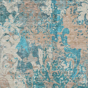 HomeRoots 9' X 12' Teal Beige Taupe Damask Area Rug – Washable, UV Protected, Durable for All Spaces! 674382