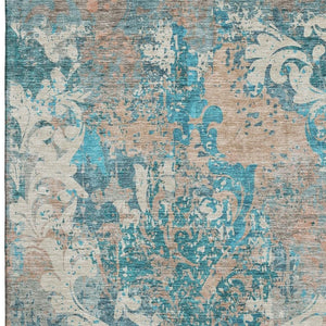 HomeRoots 9' X 12' Teal Beige Taupe Damask Area Rug – Washable, UV Protected, Durable for All Spaces! 674382
