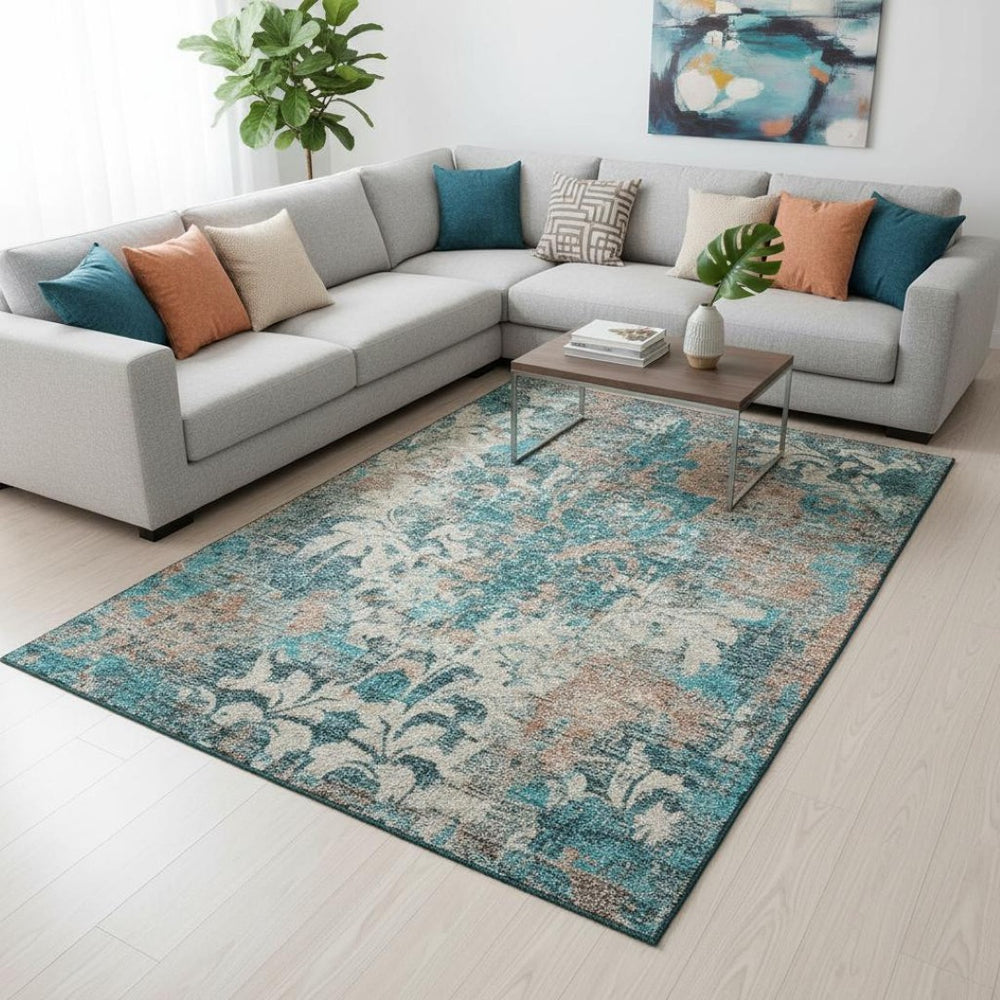 HomeRoots 10' X 14' Teal Beige Taupe Damask Area Rug - Washable, UV-Protected, Durable for Busy Homes 674383