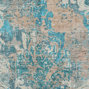 HomeRoots 10' X 14' Teal Beige Taupe Damask Area Rug - Washable, UV-Protected, Durable for Busy Homes 674383
