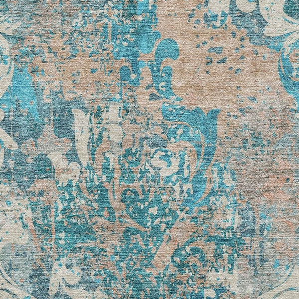 HomeRoots 10' X 14' Teal Beige Taupe Damask Area Rug - Washable, UV-Protected, Durable for Busy Homes 674383