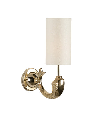 Wildwood Dolphin Polished Brass Sconce With Cream Silk Shade — Italian Renaissance Dolphin Motif, Warm Glow 67439