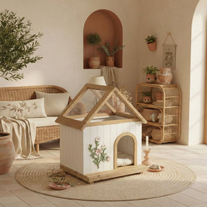 English Elm Daisy Cedar Pet House Acrylic Roof Floral Carved Indoor Outdoor Wooden Cat Shelter W3799P382526
