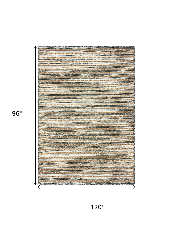 HomeRoots Wool Hand-Braided Area Rug - Coastal-Inspired Striped Design for Comfort in Living Spaces 96"x120" 674429