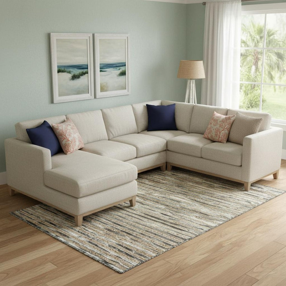 HomeRoots Wool Hand-Braided Area Rug - Coastal-Inspired Striped Design for Comfort in Living Spaces 96"x120" 674429