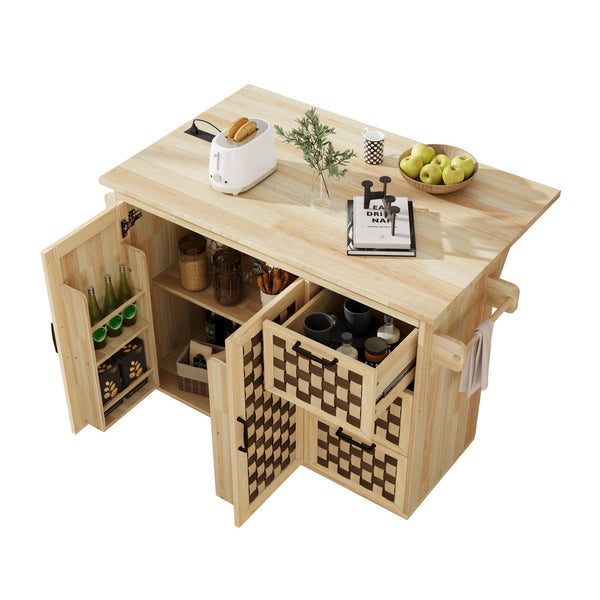 English Elm K&K Vintage Woven Checkerboard Kitchen Island 53.2" with Drop Leaf, Power Outlet, 5 Wheels, Storage N707P215328Y
