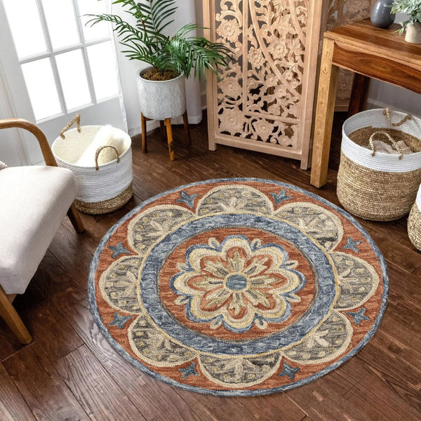 HomeRoots Wool Hand-Tufted Round Floral Rug - Artisan-Made Softness, Unique Design, Perfect for Any Room 674460