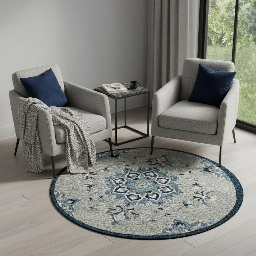 HomeRoots Wool Hand-Tufted Round Rug - Artisan-Made Medallion Design for Comfort, Warmth & Style in Any Room 674461