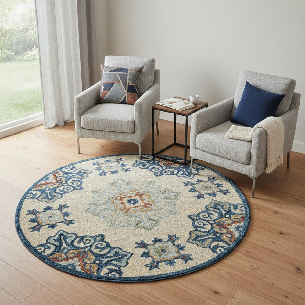 HomeRoots Wool Hand-Tufted Round Medallion Rug - Artisan Crafted, Soft, Unique Design for Cozy Spaces 674463