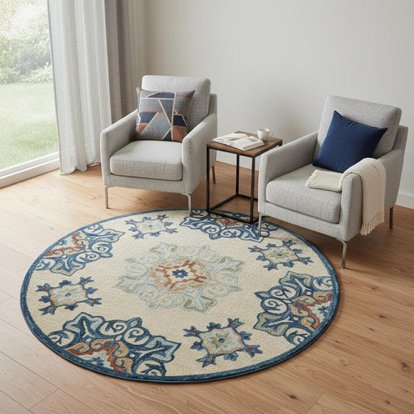 HomeRoots Wool Hand-Tufted Round Medallion Rug - Artisan Crafted, Soft, Unique Design for Cozy Spaces 674463