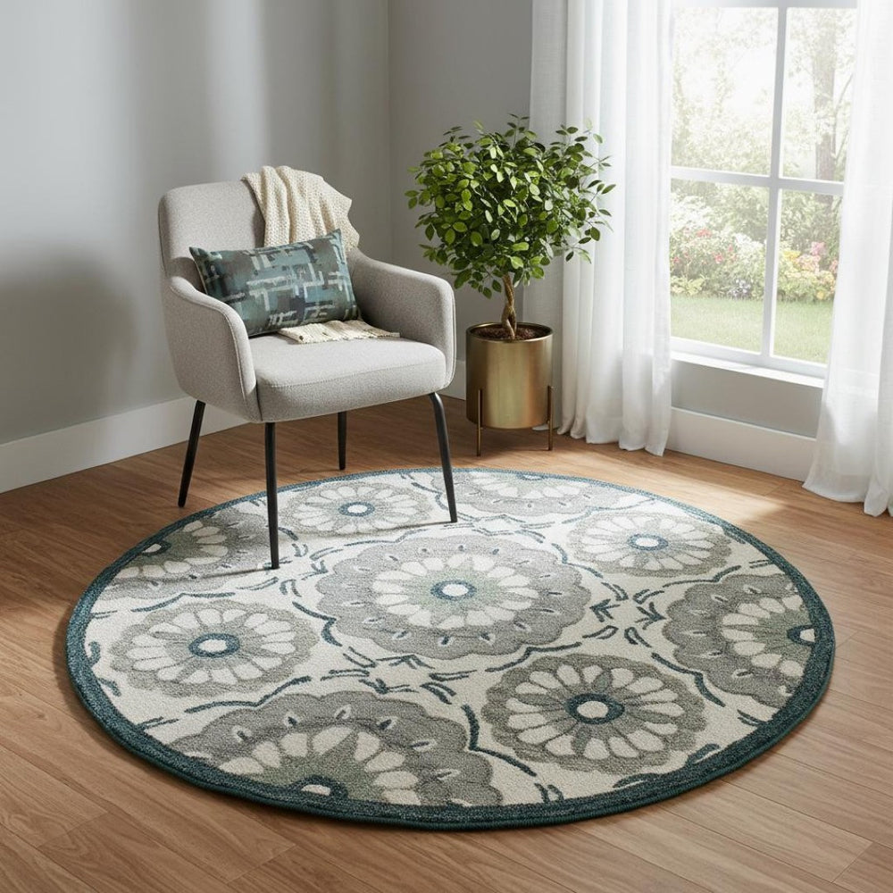 HomeRoots Wool Hand-Tufted Floral Round Rug - Washable, Artisan-Made, Low Pile for Comfort & Style in Any Room 674467