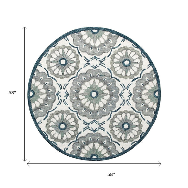 HomeRoots Wool Hand-Tufted Floral Round Rug - Washable, Artisan-Made, Low Pile for Comfort & Style in Any Room 674467