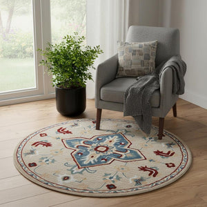 HomeRoots Wool Hand-Tufted Round Rug with Unique Medallion Design - Washable, Durable, Artisan Crafted Comfort 674469