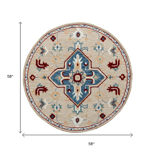HomeRoots Wool Hand-Tufted Round Rug with Unique Medallion Design - Washable, Durable, Artisan Crafted Comfort 674469