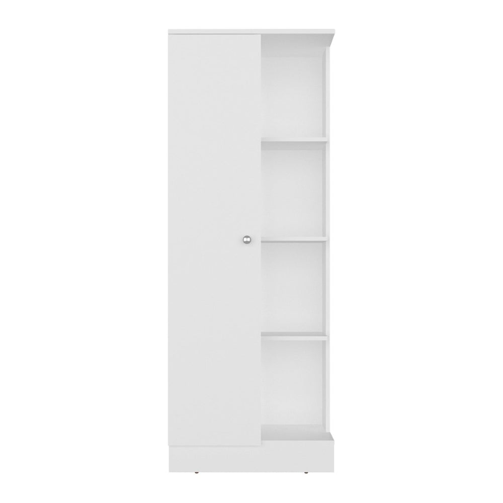 English Elm White Tall Narrow Kitchen Pantry Cabinet with Open Shelves and Concealed Storage Door B062P483733