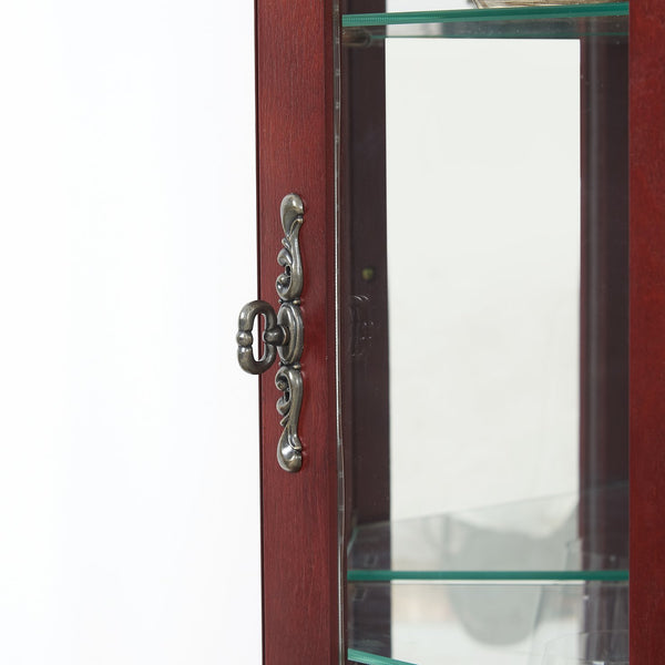 English Elm Corner Curio Cabinet with Lighted Top, Mirrored Back, Tempered Glass Shelves, Walnut Finish Elegance Cherry W1693P165015
