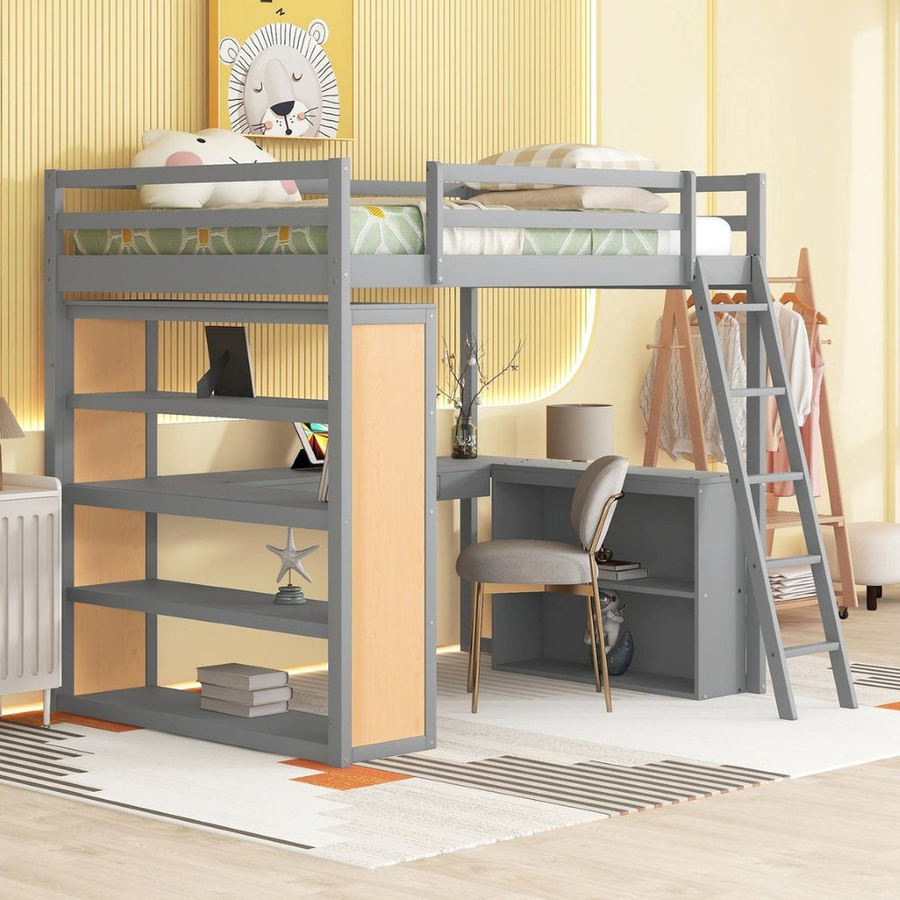 English Elm Full Size Loft Bed with Desk Shelves Writeable Board Pine Frame Gray Finish LT100226AAE-1