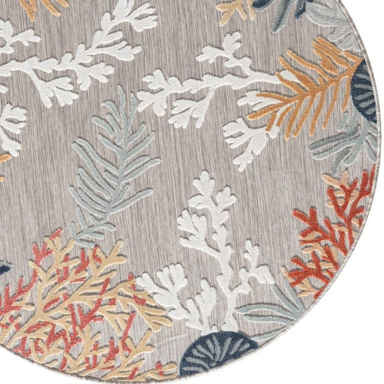 HomeRoots 8 Foot Round Polypropylene Area Rug Coastal Coral Motif Low Pile Living Room 674560
