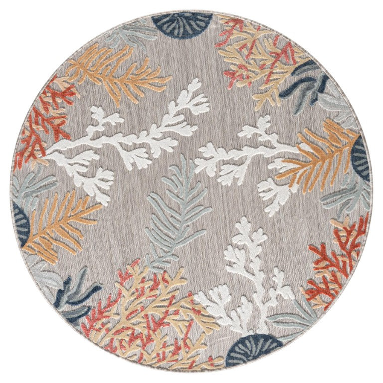 HomeRoots 8 Foot Round Polypropylene Area Rug Coastal Coral Motif Low Pile Living Room 674560