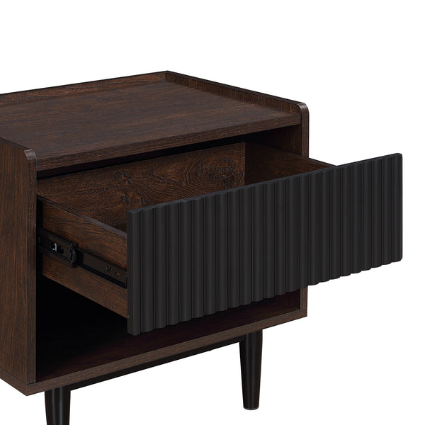 English Elm Duane Fluted 20" Nightstand in Black with Ribbed MDF, Handless Drawer & Iron Feet for Style B365P398187