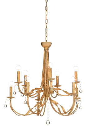 Wildwood Reed Handcrafted 10-Light Chandelier 30"H X 29"W — Italian Crystal Spheres, Gold Ribbon Arms, Elegant Centerpiece 67459