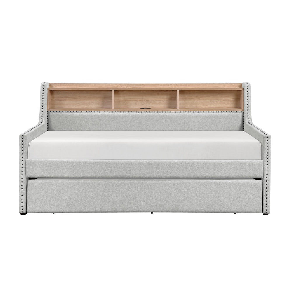English Elm 1pc Light Gray Daybed with Pull-Out Trundle, Built-In Bookcase & Charging Ports, Nailhead Trim Modern Design B011S01718