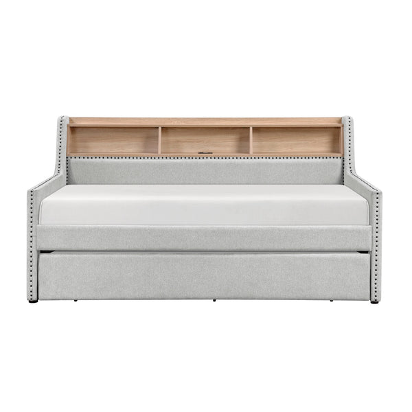 English Elm 1pc Light Gray Daybed with Pull-Out Trundle, Built-In Bookcase & Charging Ports, Nailhead Trim Modern Design B011S01718