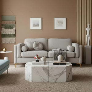 HomeRoots 77" Beige Fabric Mid-Century Sofa with Tufted Cushions, Solid Wood Frame & Modern Metal Legs 674606