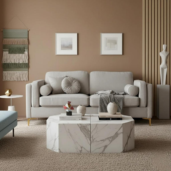 HomeRoots 77" Beige Fabric Mid-Century Sofa with Tufted Cushions, Solid Wood Frame & Modern Metal Legs 674606