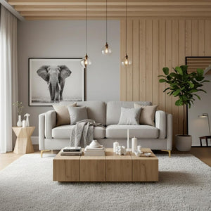 HomeRoots 77" Beige Fabric Mid-Century Sofa with Tufted Cushions, Solid Wood Frame & Modern Metal Legs 674606