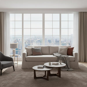 HomeRoots 85" Beige Fabric Sofa - Mid-Century Modern Design with Solid Wood Frame & Tufted Cushions for Comfort 674608