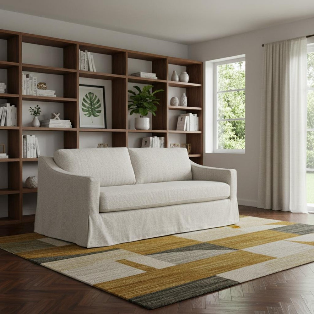 HomeRoots 85" Beige Fabric Sofa - Mid-Century Modern Design with Solid Wood Frame & Tufted Cushions for Comfort 674608