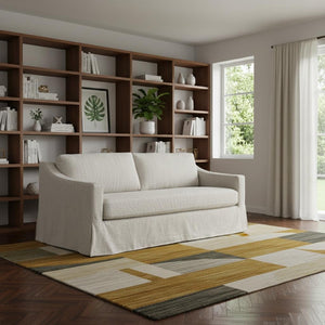 HomeRoots 85" Beige Fabric Sofa - Mid-Century Modern Design with Solid Wood Frame & Tufted Cushions for Comfort 674608