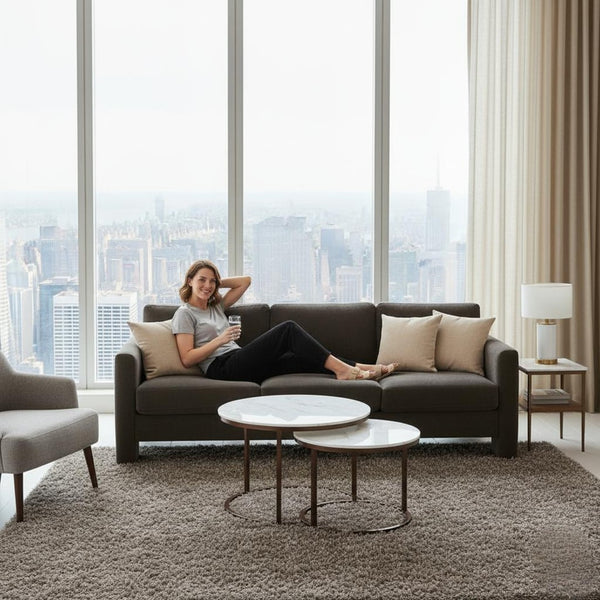 HomeRoots 97" Dark Gray Fabric Sofa - Elegant Mid-Century Design, Solid Wood Frame, Tufted Cushions for Comfort 674609