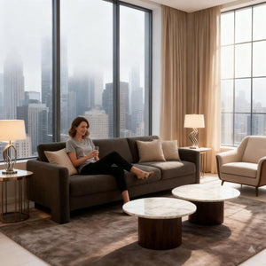 HomeRoots 97" Dark Gray Fabric Sofa - Elegant Mid-Century Design, Solid Wood Frame, Tufted Cushions for Comfort 674609