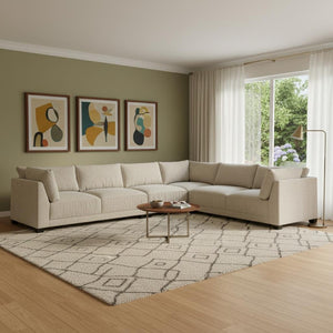 HomeRoots Beige Canvas L-Shaped Reclining Sectional Sofa with Chaise & Toss Pillows for Ultimate Comfort 674611