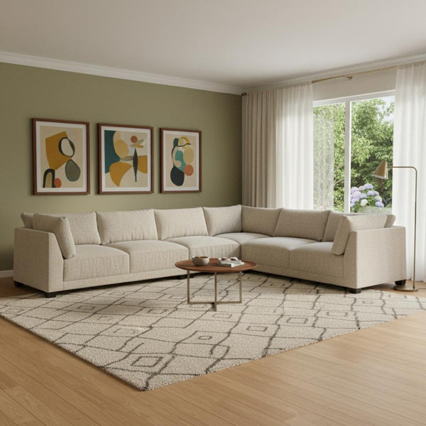 HomeRoots Beige Canvas L-Shaped Reclining Sectional Sofa with Chaise & Toss Pillows for Ultimate Comfort 674611